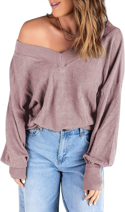 Aleumdr Women's V Neck Long Sleeve Waffle Knit Sweater Off Shoulder Pullover Jumper Tops | Amazon (US)