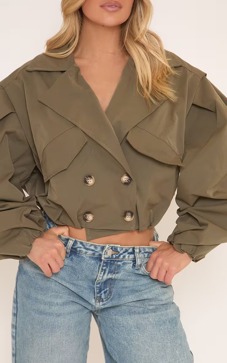 Long Sleeve Cinched Waist Cropped Trench Coat In Khaki Green | EGO Shoes (US & Canada)