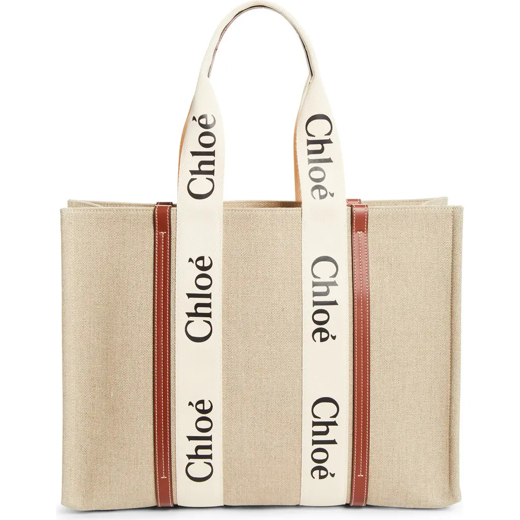 Chloé Large Woody Linen Tote in White - Brown 1 at Nordstrom | Nordstrom