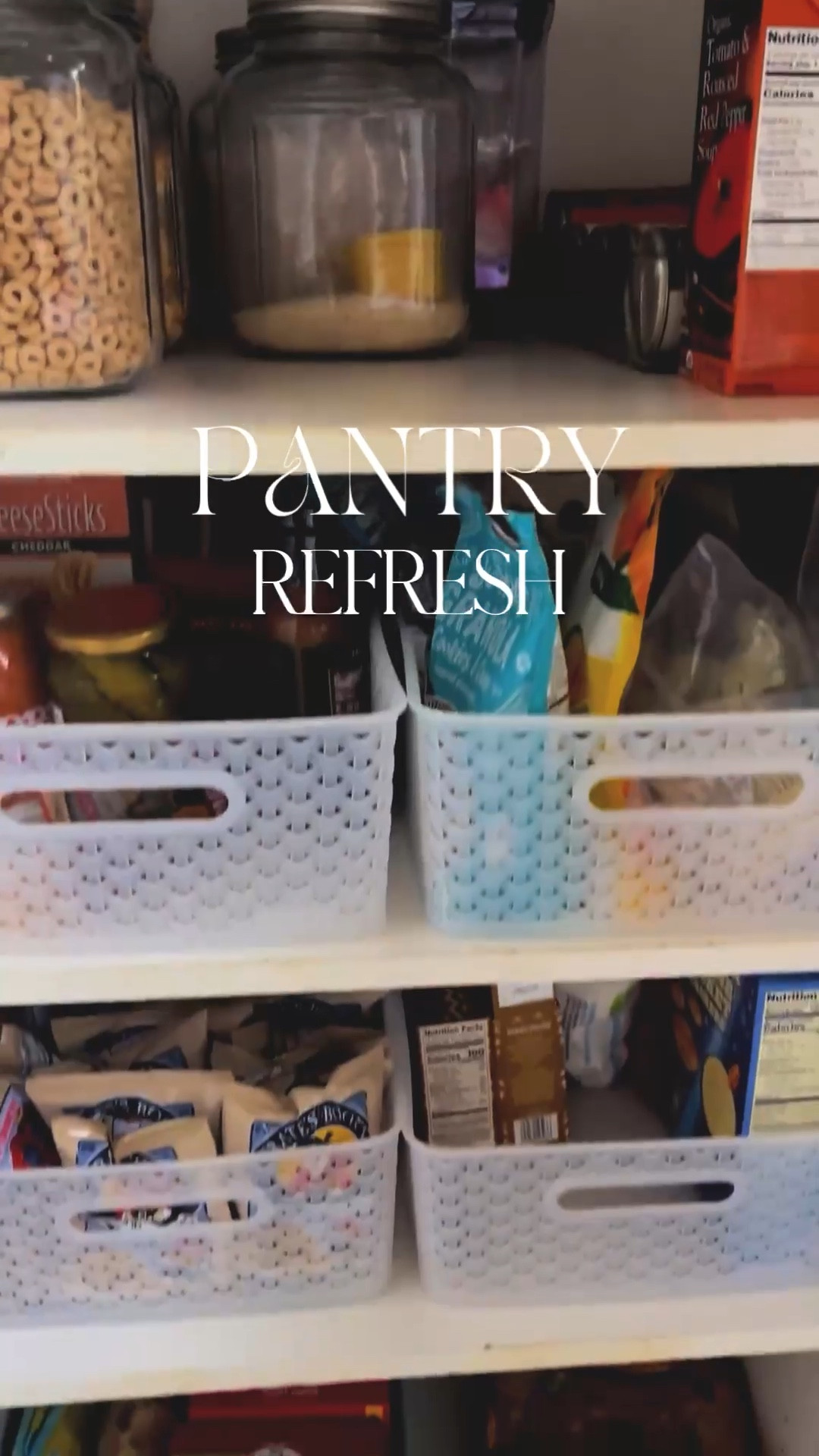 I love these glass jars for pantry organizing! Plastic bins for the dry foods and snacks, and then anything else that’s not in a packaging or wrapper goes in a jar. Cereal, chips, rice, flour, sugar, etc. Keeps everything lasting longer and it’s pretty to the eye :) I have all 3 sizes. The largest one holds a whole box of cereal or one large bag of chips for reference. The plastic bins I love and fit two side by side in our standard pantry closet doors. Let me know if you have any questions! I still need to finish adding my protein powder and greens inside the jars. Coffee beans look so pretty inside the small ones too! 

Pantry | organizing jars | organizing bins | glass jars | home organization | spring cleaning 

#LTKfindsunder50 #LTKhome #LTKVideo