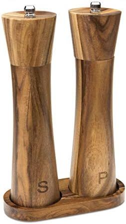 Wooden Salt and Pepper Grinder Set Refillable w/Matching Wood Tray - Tall 8 Inch Acacia Wood Salt an | Amazon (US)