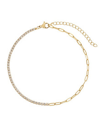 Tarnish Resistant Gold Half Tennis and Paperclip Chain Anklet | Macy's