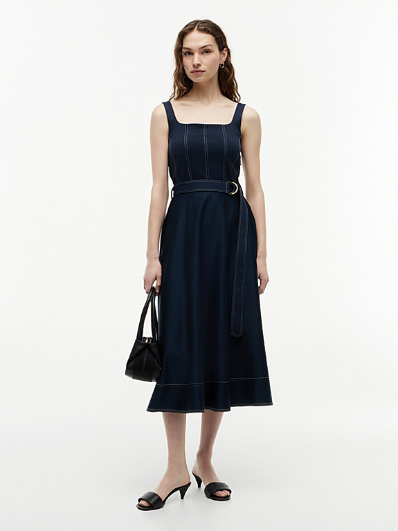 Topstitch Square Neck Belted Midi Dress | Blue | Tommy Hilfiger | Tommy Hilfiger UK