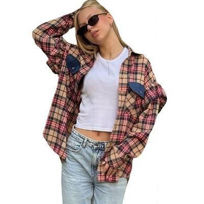 Women's Vintage Plaid Shirt Jacket Casual Loose Coat | Target