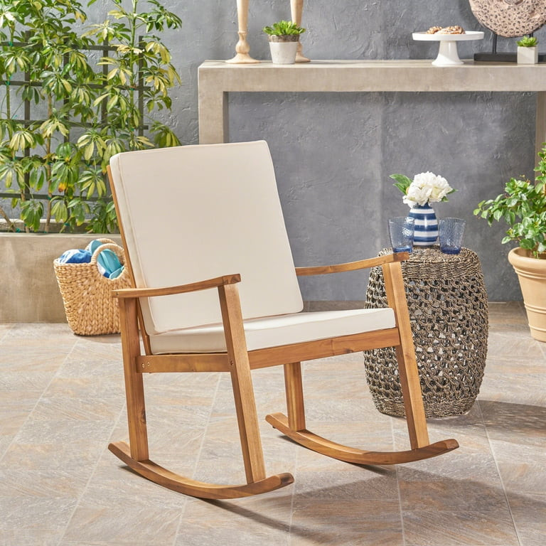 Outdoor Acacia Wood Rocking Chair with Cushion, Teak,Cream | Walmart (US)