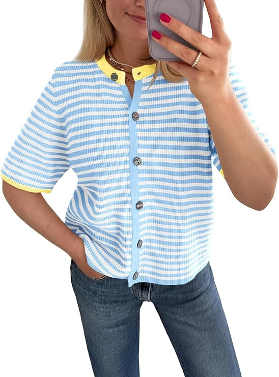 Saodimallsu Womens Short Sleeve Cardigans Lightweight Striped Button Down Crew Neck Spring Summer... | Amazon (US)