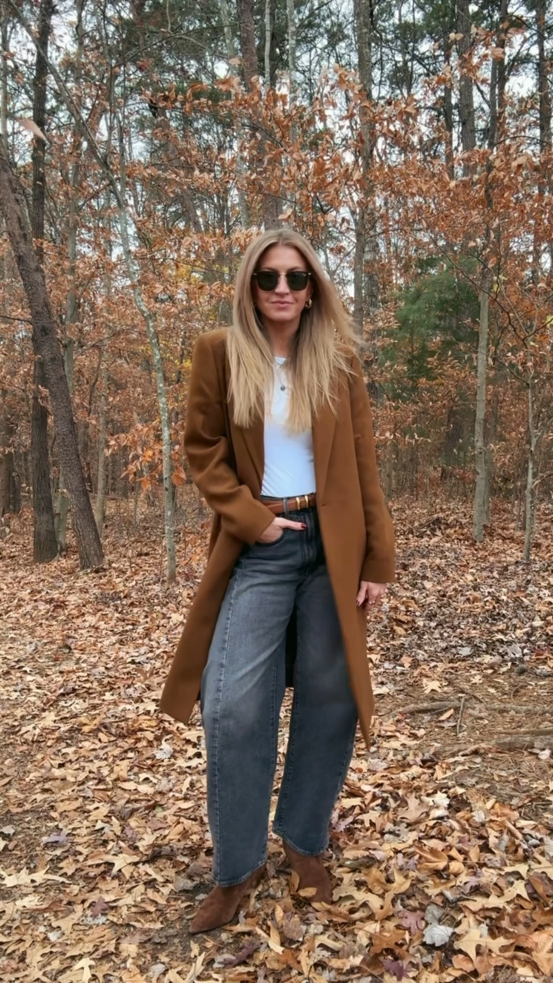 Long brown pea coat, white bodysuit, black barrel, jeans, brown suede boots, most of my outfit is currently on sale!

#LTKstyletip #LTKSeasonal #LTKVideo