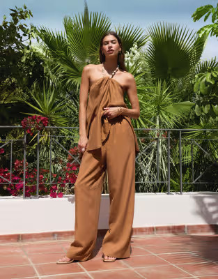 ASOS DESIGN beaded halterneck top with wide leg pants set in camel | ASOS (Global)