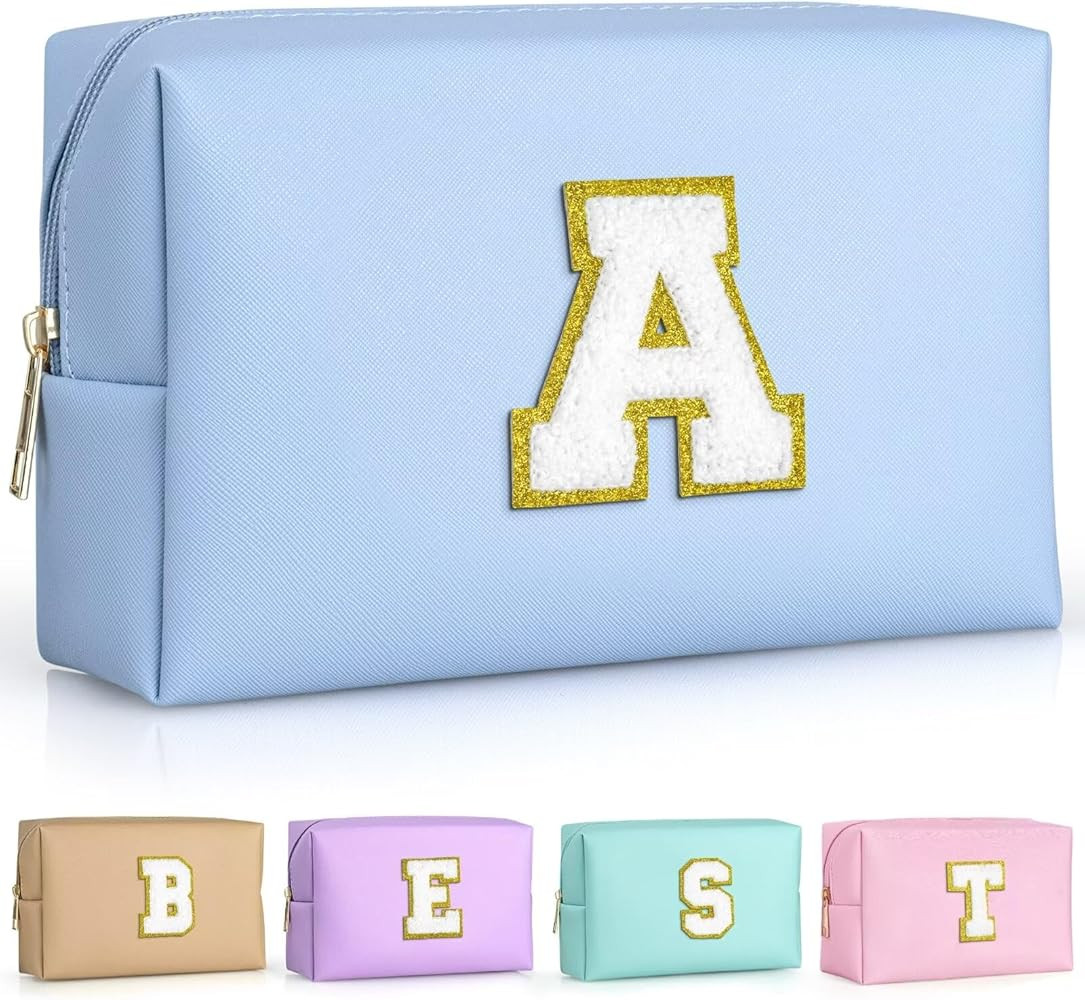 Preppy Makeup Bag, Personalized Initial Bags with Zipper, Cute Makeup Pouch, PU Leather Waterproo... | Amazon (US)