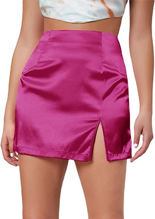 Milumia Women's Satin Skirt Split Hem Zipper Hight Waisted Straight Mini Pencil Skirts | Amazon (US)