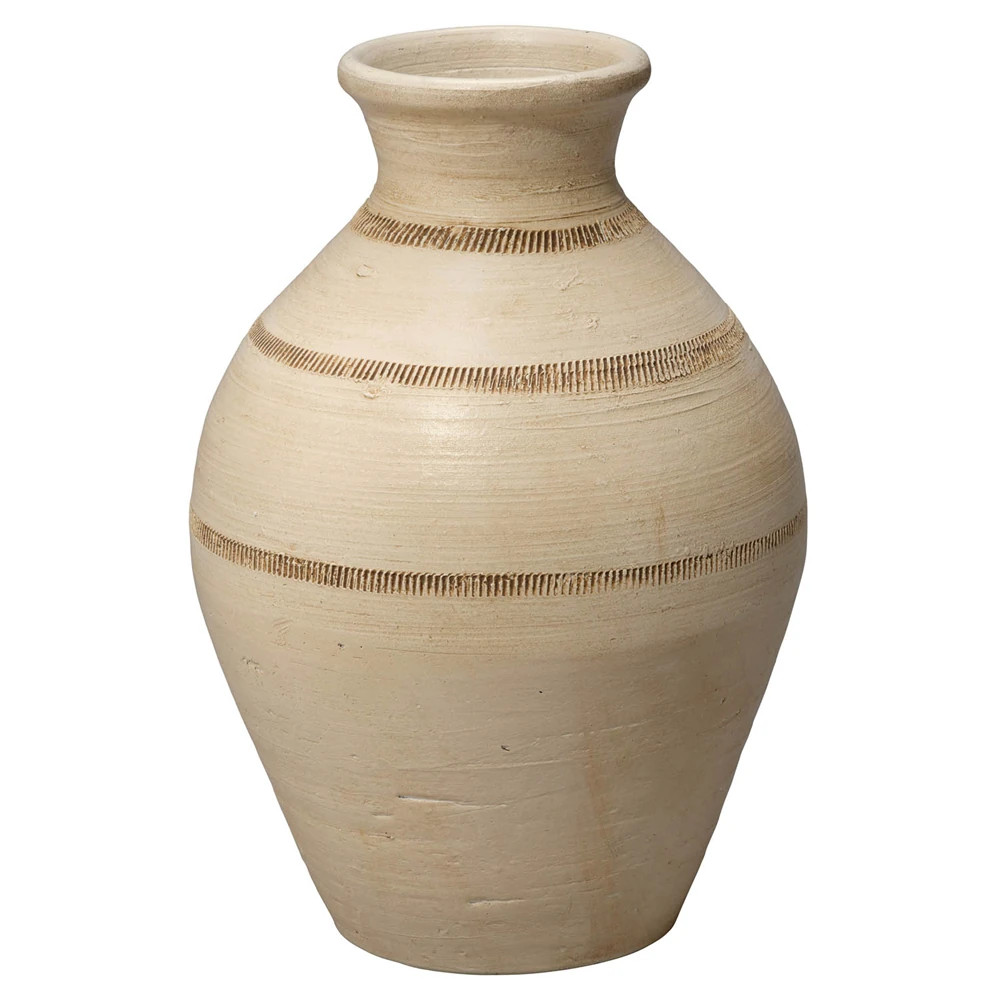 Isadora Coastal Cream Carved Band Ceramic Vase | Kathy Kuo Home