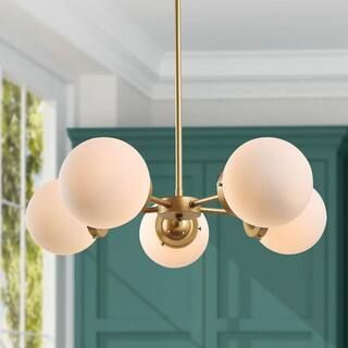 Modern Island Globe Sputnik Chandelier Elemo 5-Light Brass Gold Round Chandelier with Opal Glass ... | The Home Depot