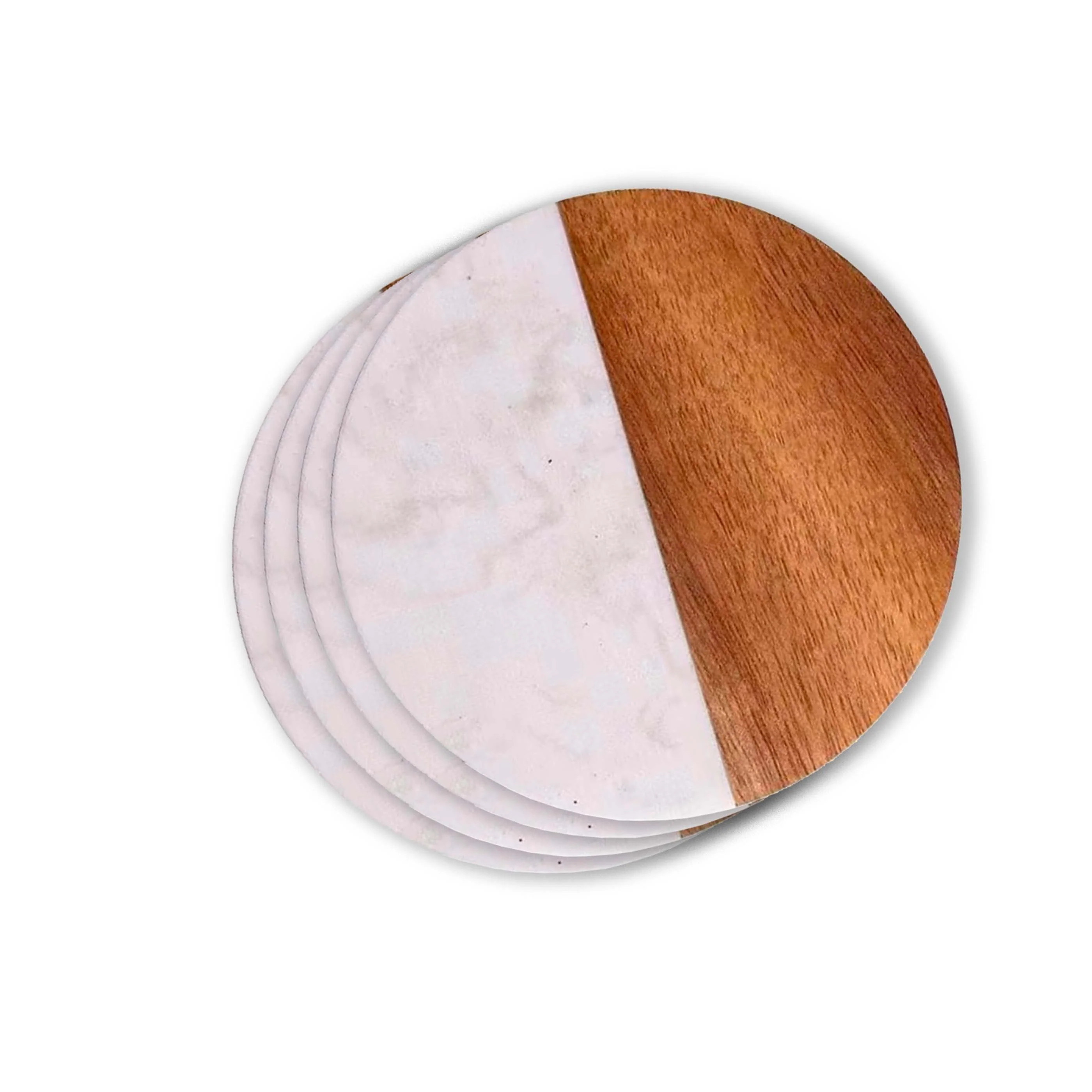 Set Of 4 White Marble and Acacia Wood 4" Round Coasters | Creative Gifts International