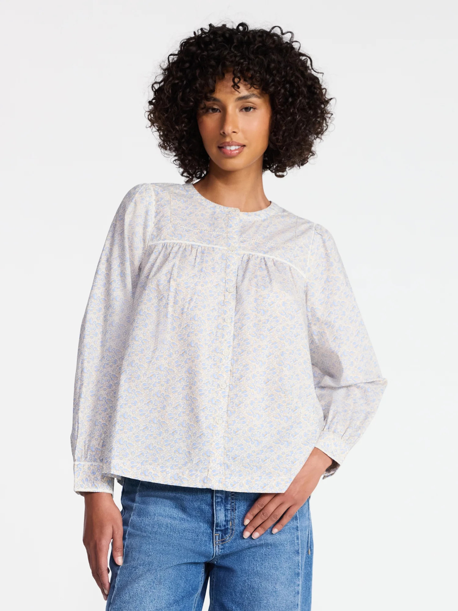 Time and Tru Women's Embroidered Cotton Button Front Shirt with Long Sleeves, Sizes XS-XXXL | Walmart (US)
