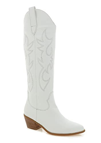 BILLINI Women's Urson Pointed-Toe Knee High Cowboy Boots (White, 8) | Amazon (US)