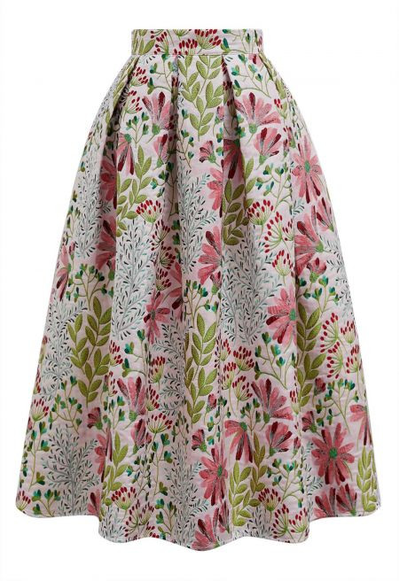 Cheerful Daisy Field Jacquard Pleated Midi Skirt for Weekend Outings & Garden Parties | Chicwish