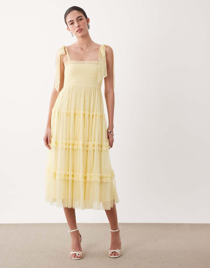 Lace & Beads tulle bow shoulder shirred ruffle midi dress in lemon-Yellow | ASOS (Global)