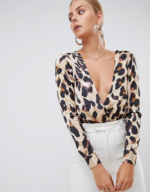 Missguided satin wrap body in leopard print | ASOS UK