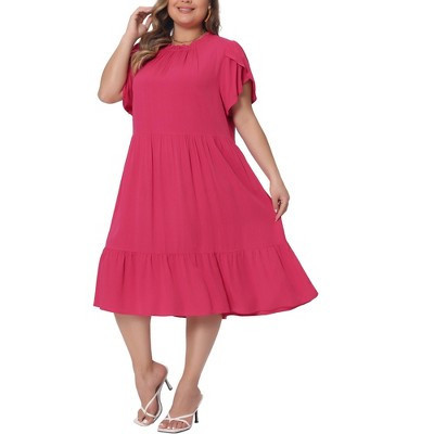 Women's Plus Size Tie Back Petal Sleeve Mock Neck Ruffle Swing Midi A-Line Dresses - Agnes Orinda 1X Hot Pink | Target