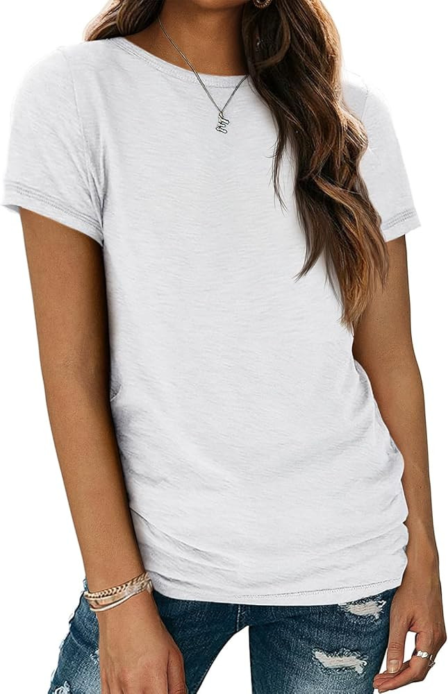 ATHMILE Womens Short Sleeve Round Neck Shirts Summer Top Fashion Basic Tee | Amazon (US)