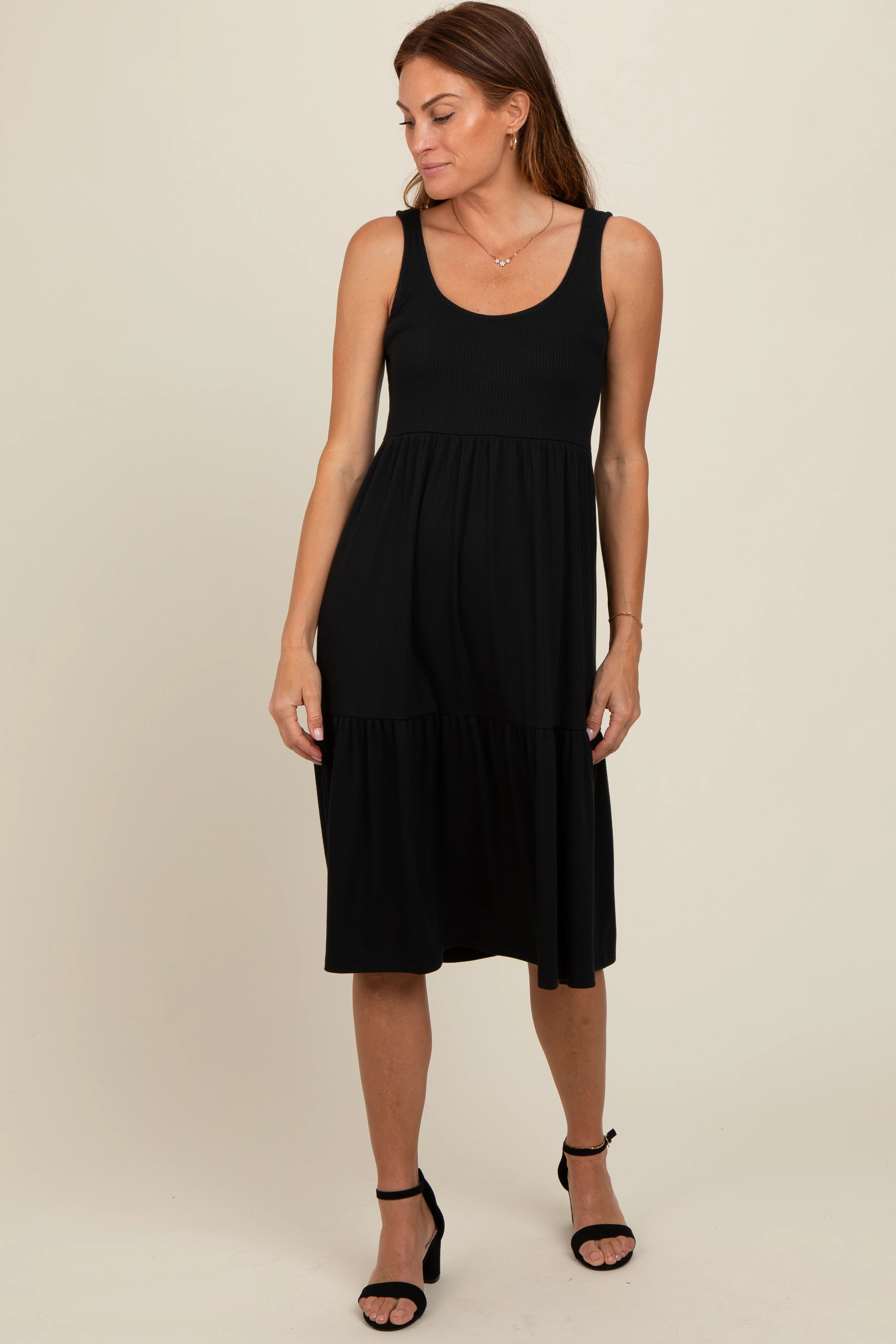 Black Tiered Sleeveless Midi Dress | PinkBlush Maternity