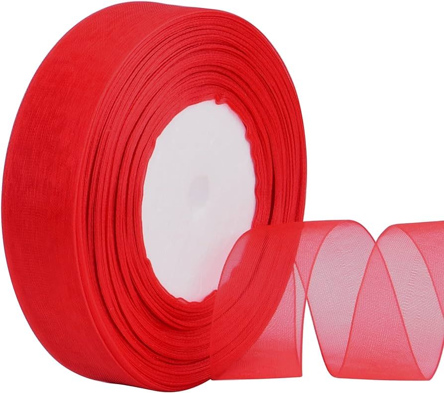 Hapeper 1 Inch Sheer Organza Chiffon Ribbon, 50 Yards/Roll (Red) | Amazon (US)