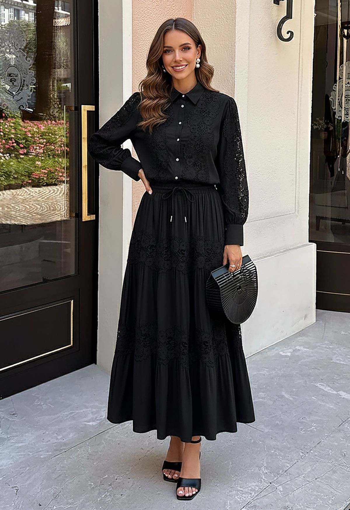 Floral Cutwork Lace Panel Buttoned Shirt and Maxi Skirt Set in Black for Formal Dinners & Weekend... | Chicwish
