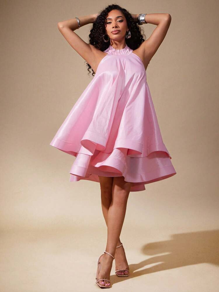 Vixey Solid Taffeta Halter Neck Tiered Layer A Line Dress, Going Out Outfits, Date Night Outfits Women, Night Out Outfit, Wedding Gust Dress, Wedding Gust Dress Elegant, Pink Dress For Women Summer, Layered Dress, Pink Ruffle Dress, Halter Neck Pink Dress, Birthday Dress | SHEIN