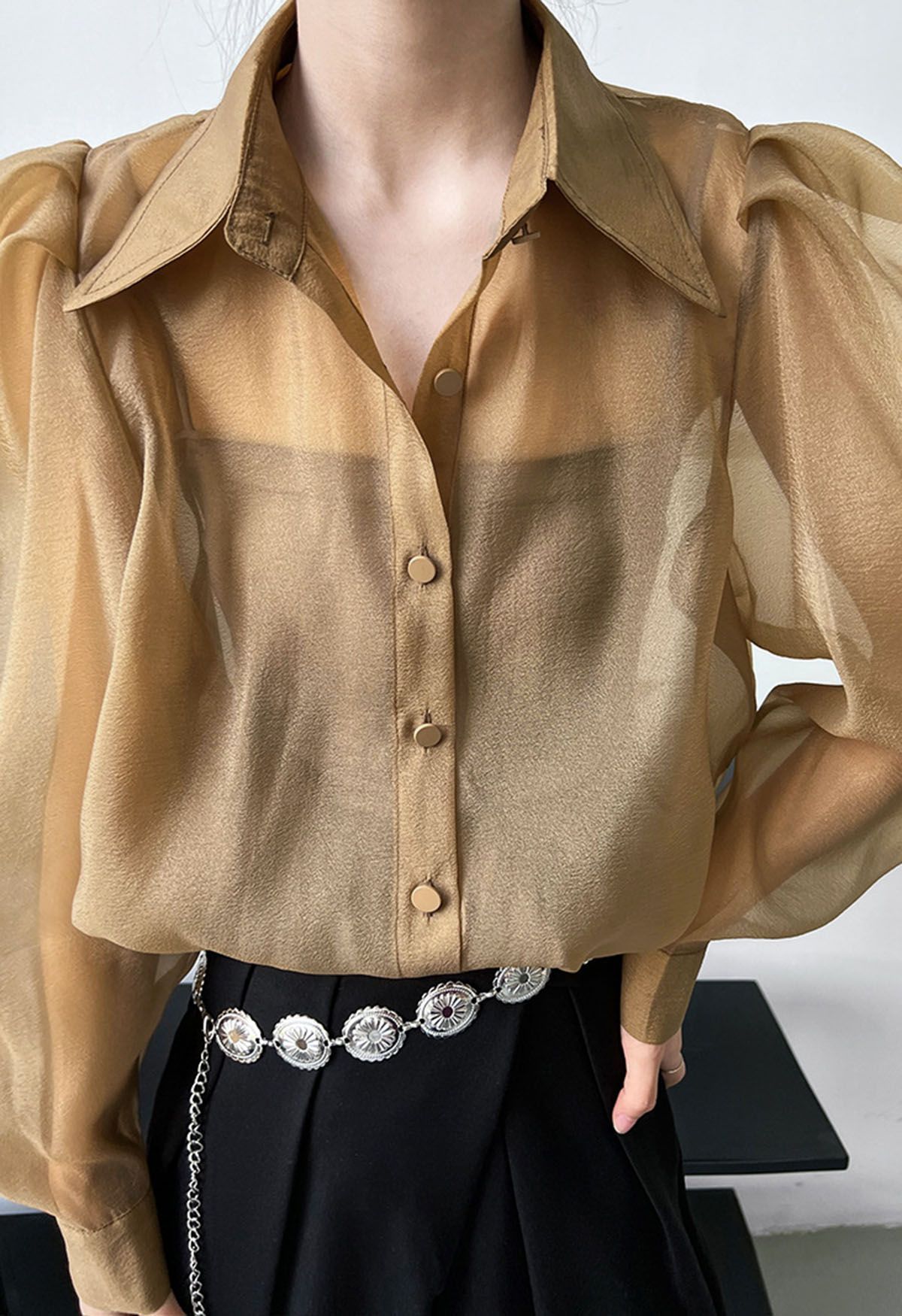 Bubble Sleeves Semi-Sheer Buttoned Shirt in Caramel | Chicwish