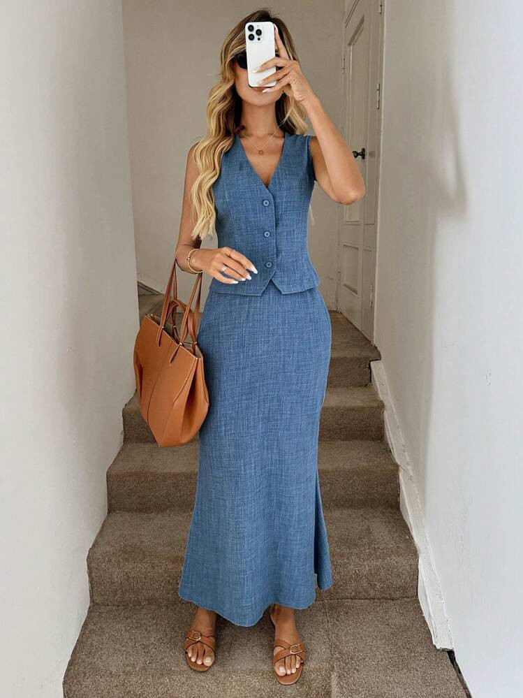 Easowa 2 Pieces Women Summer Casual Blue Vest Top And Long Skirt Set, Suitable For Daily Casual Outing, Commute, And Retro Style Old Money Style | SHEIN