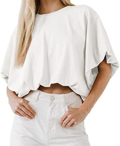 Womens Summer Crewneck Crop Tops Short Sleeve Casual Loose Cropped T Shirts | Amazon (US)