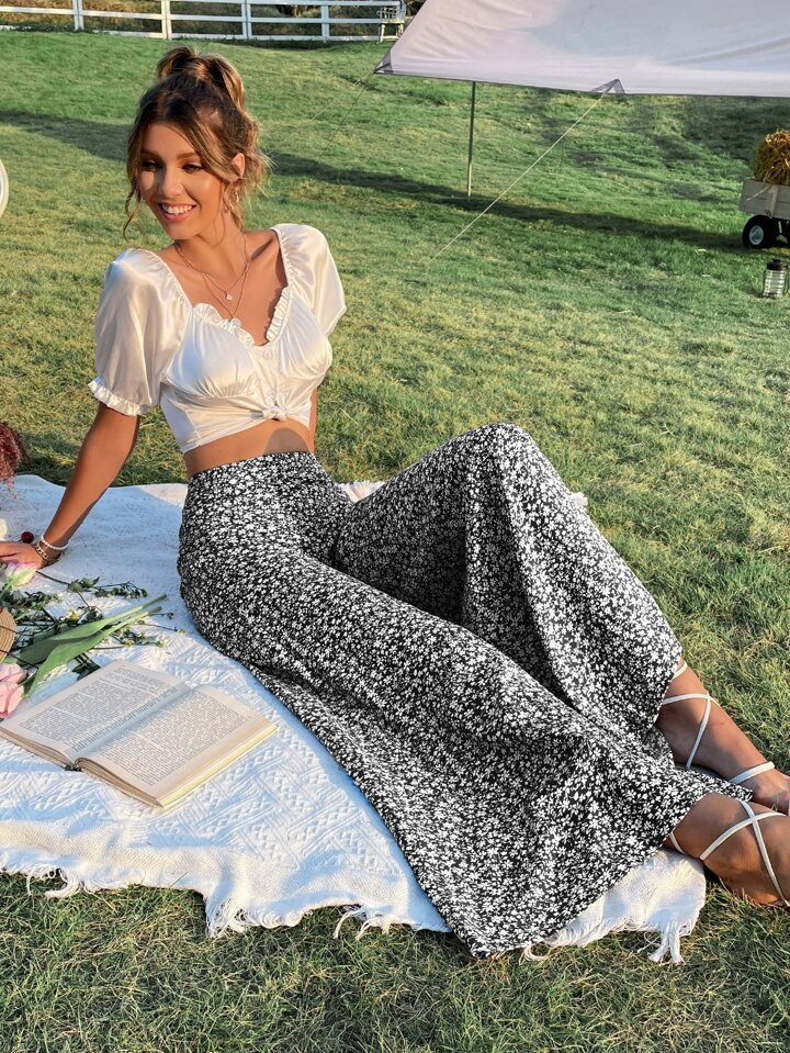 SHEIN WYWH Ditsy Floral Print High Waist Wide Leg Pants | SHEIN