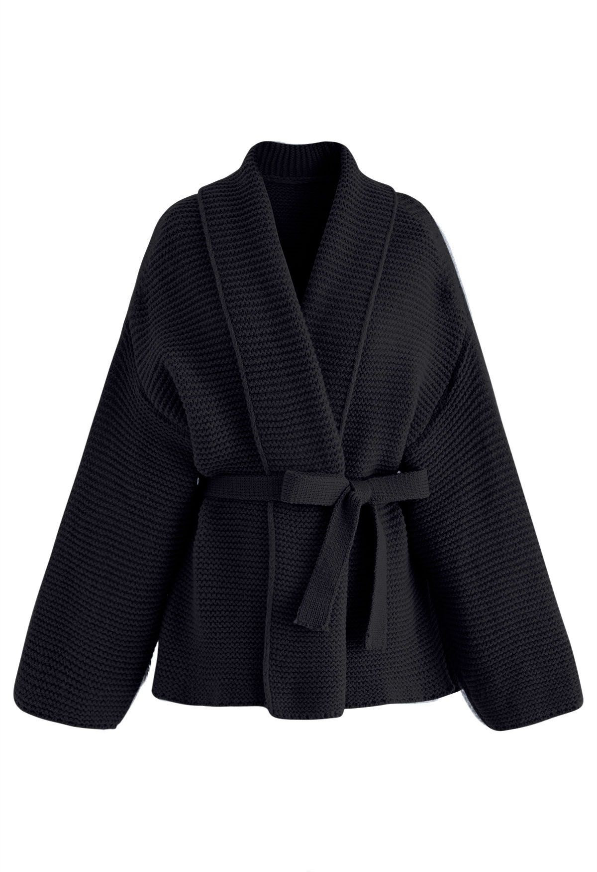 Collared Self-Tie Wrap Waffle Knit Cardigan in Black | Chicwish