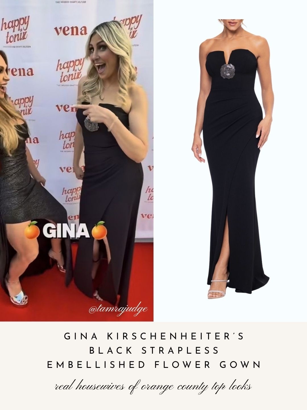 Gina Kirschenheiter’s Black Strapless Embellished Flower Gown 📸 @tamrajudge
