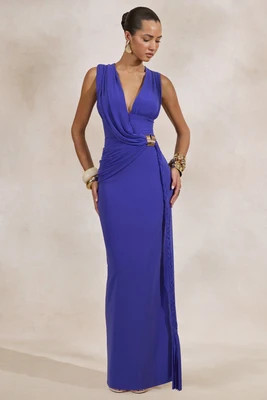 Nalina | Blue Plunge-Neck Maxi Dress With Gathered Detailing And Gold Detail | Club L London