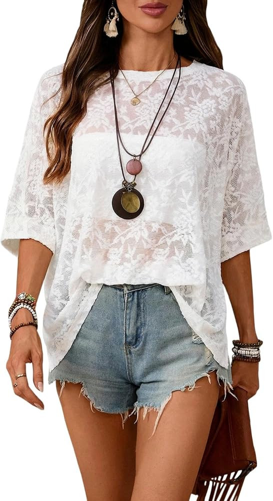 SOLY HUX Women's Boho Short Sleeve Floral Mesh Lace Tops | Amazon (US)