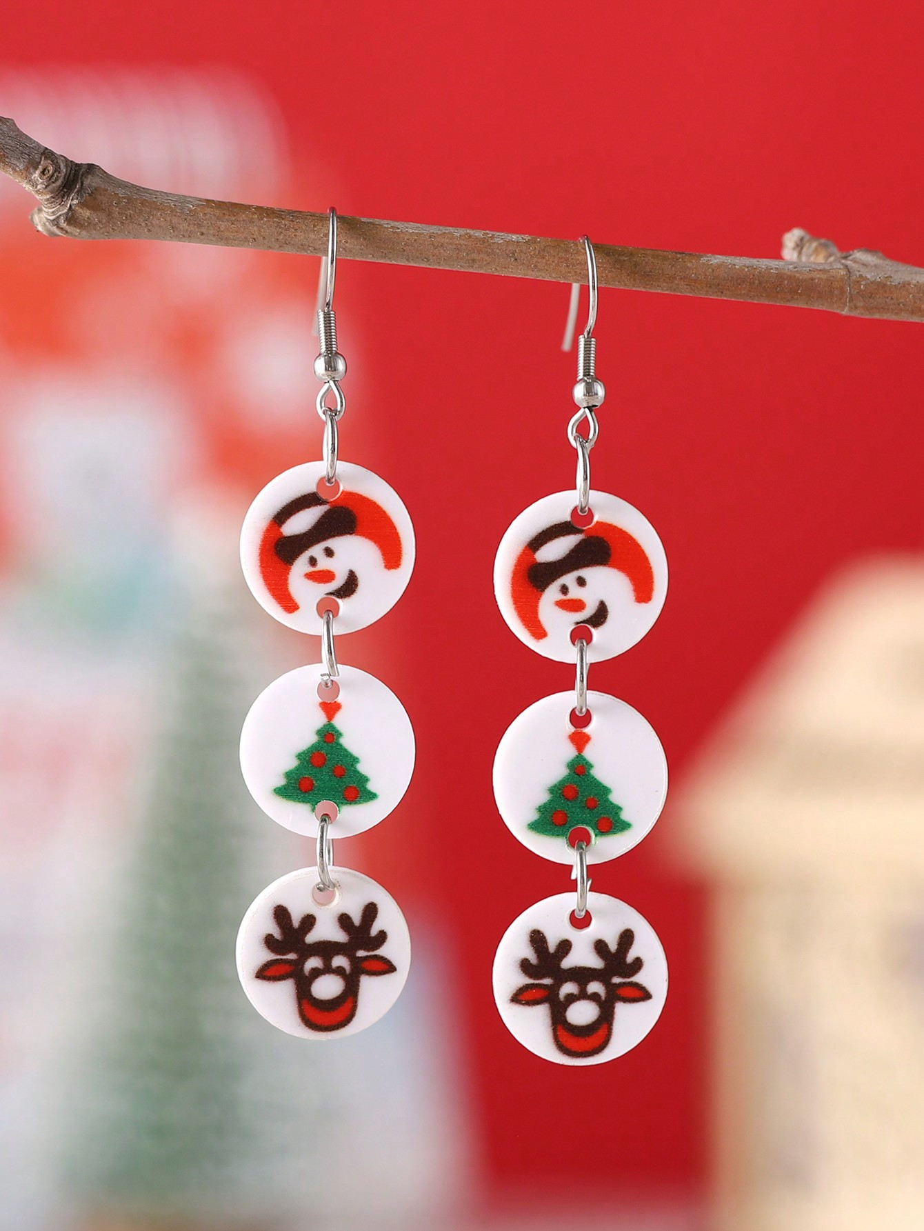 1pair Retro Christmas-themed Snowman, Reindeer, Christmas Tree & Tassel Pendant Acrylic Dangle Ea... | SHEIN
