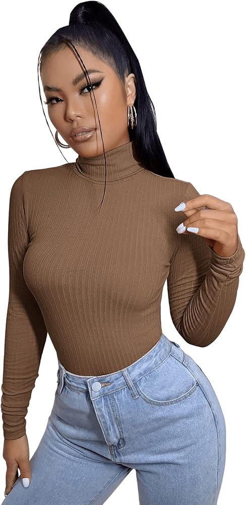 SweatyRocks Women's Long Sleeve Turtleneck Ribbed Knit Pullover Sweater Top | Amazon (US)