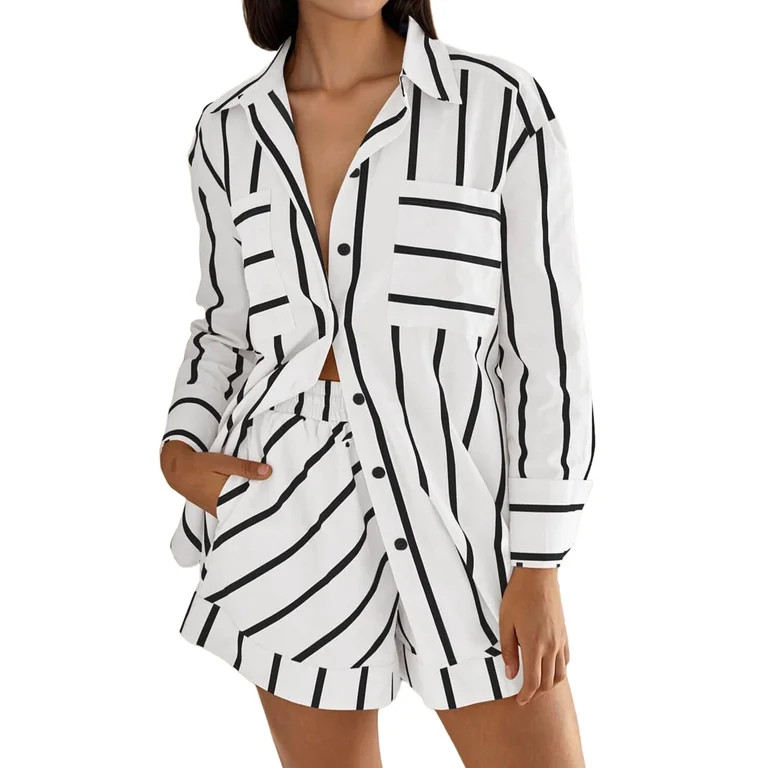 Long Sleeve Striped Print 2 Pieces Sets Women Button Blouse and Shorts Lounge Sets | Walmart (US)