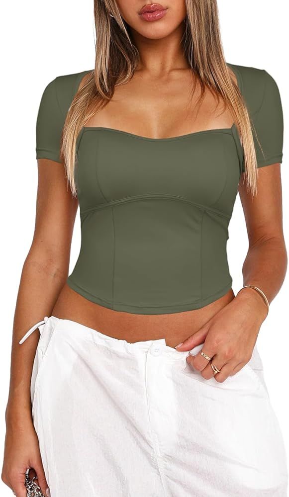 Darong Women's Summer Short Sleeve Sweetheart Square Neck Crop Top Slim Fit Sexy Tops Going Out Y... | Amazon (US)