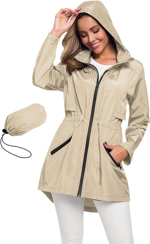 Avoogue Women's Long Raincoat with Hood Outdoor Lightweight Windbreaker Rain Jacket Waterproof | Amazon (US)