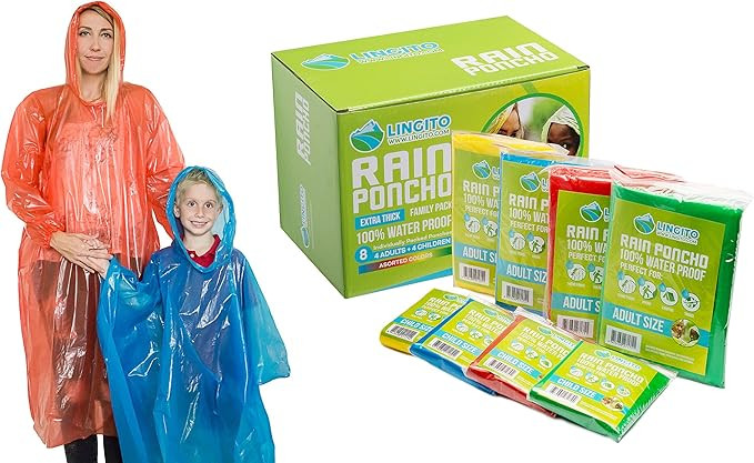 Lingito Rain Ponchos - Emergency Drawstring Hood Poncho for Children and Adults | Amazon (US)