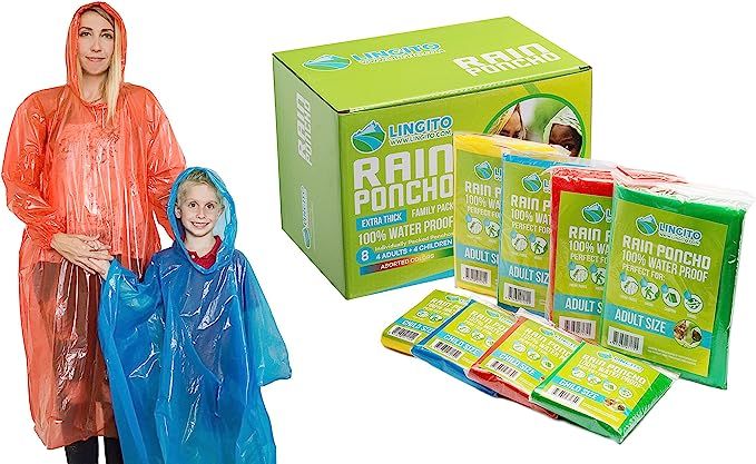 Lingito Rain Ponchos Family Pack | Emergency Raincoat Drawstring Hood Poncho for Children and Adu... | Amazon (US)