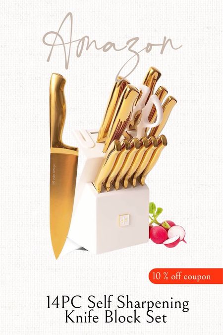 Pretty Amazon find  White and Gold Knife Set with Sharpener -14PC Self Sharpening Knife Block Set Includes Luxurious Full Tang Gold Knives and White Knife Block - White and Gold Kitchen Accessories, Gold Kitchen Decor