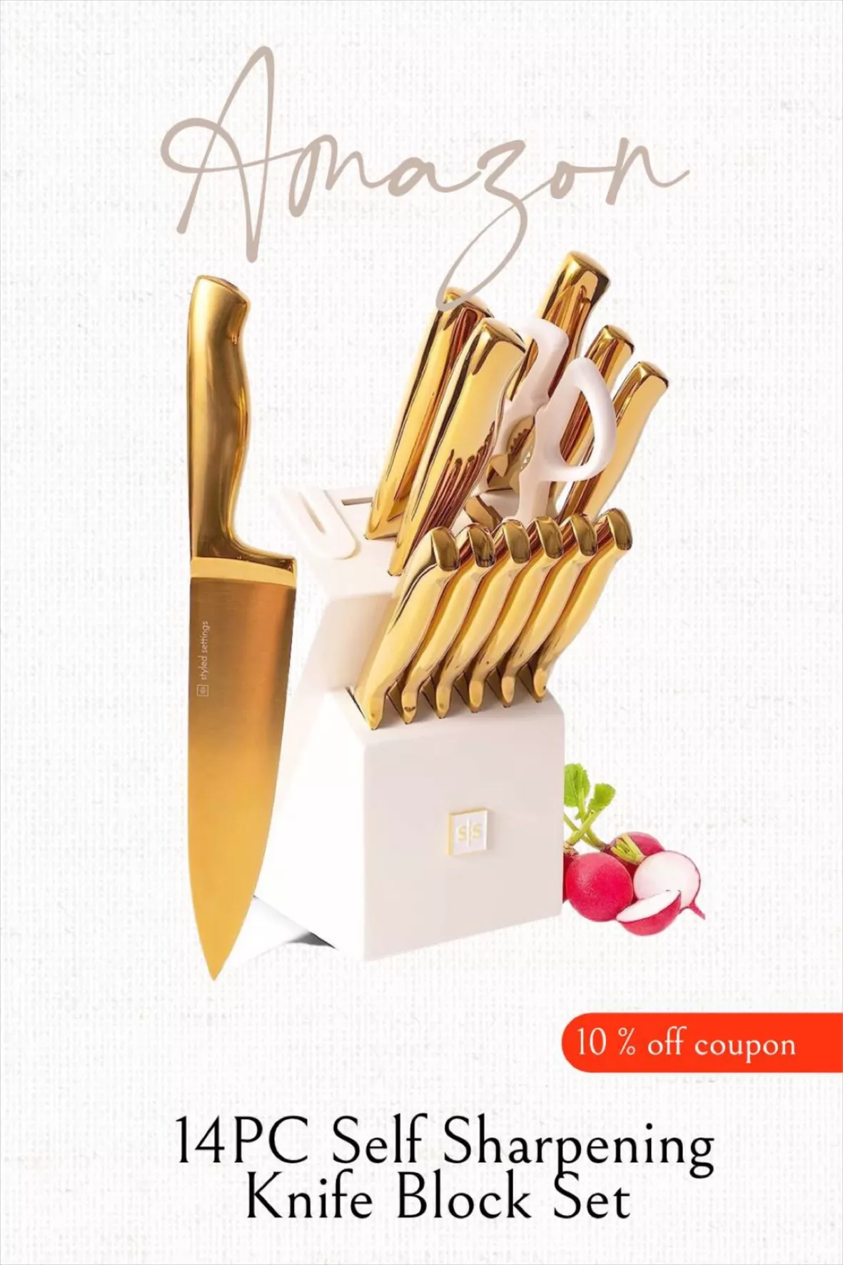 White and Gold Knife Set with White Self-Sharpening Block