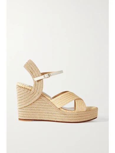 Jimmy Choo - Dellena 100 Leather-trimmed Raffia Espadrille Wedge Sandals - Neutral | NET-A-PORTER (US)