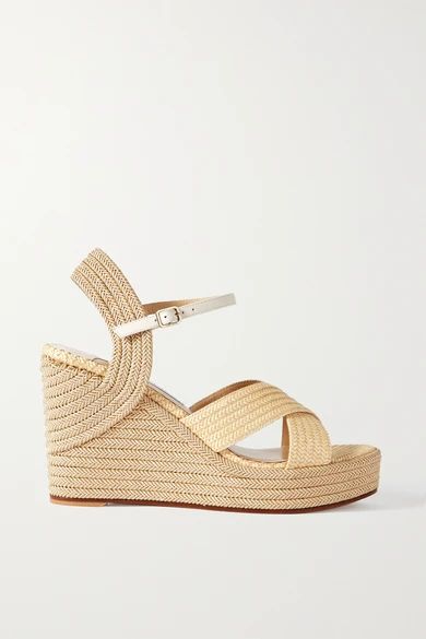 Jimmy Choo - Dellena 100 Leather-trimmed Raffia Espadrille Wedge Sandals - Neutral | NET-A-PORTER (US)