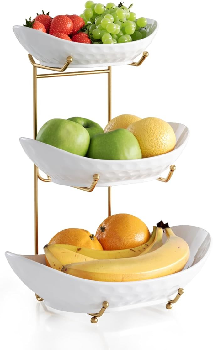 Fruit Bowl Basket for Kitchen Counter Ceramic Decrative Serving Bowl, 3 Tier kitchen Decor Organi... | Amazon (US)