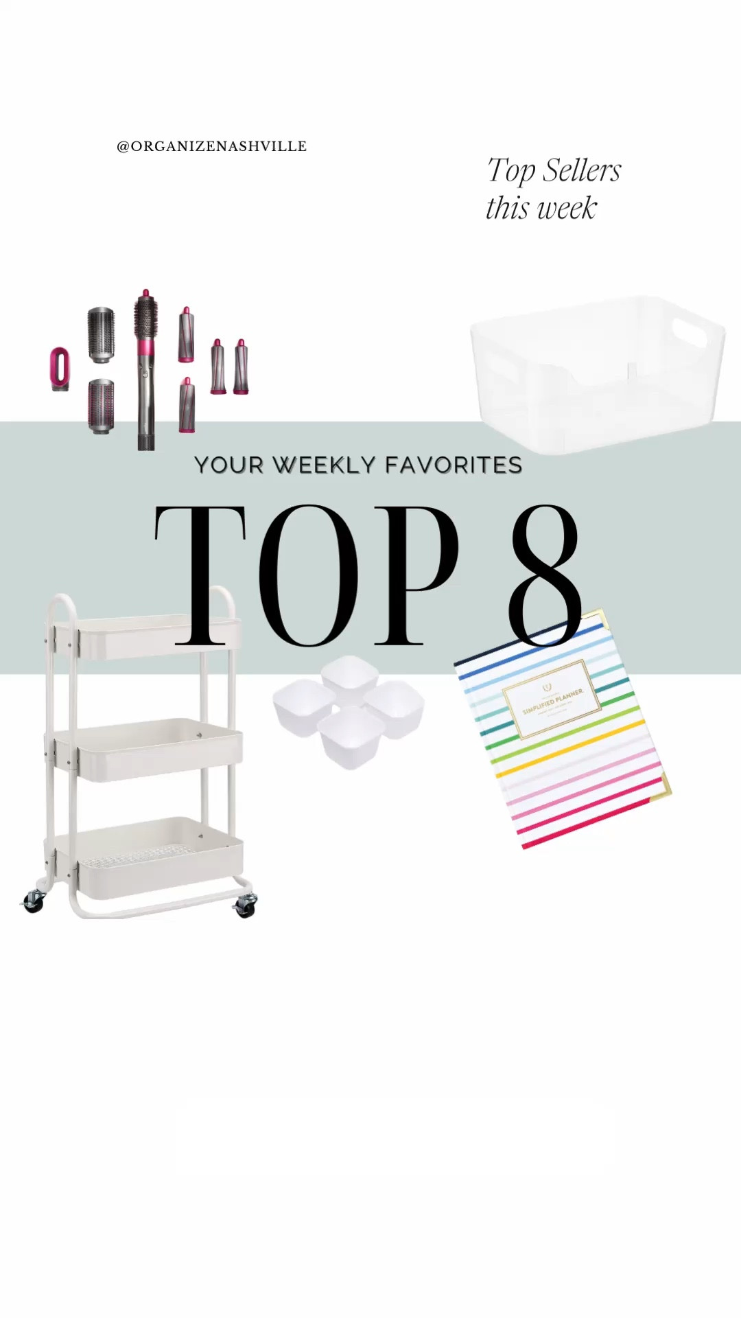 Top sellers this week! Always love seeing your favorite. I can tell we are in organizing and back to school mode! Everyone thinks that organizing and spring cleaning start at the beginning of the year but did you know that most people also do a huge reorganizing at the end of summer/beginning of school? 

1. Dyson airwrap dupe
2. Rolling cart that can be used as a nursing cart, art cart, or workout cart
3. Open bins with handles to be used everywhere and super affordable
4. Storage trays to go in rolling cart or as drawer organizers - great for dorm rooms too! 
5. Emily Ley simplified Planner 