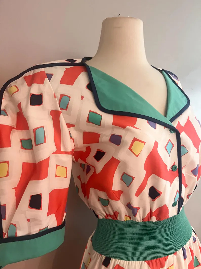 1980s Designer Jeanne Marc Fabulous Novelty Graphic Print Vintage Dress Puff sleeve | Etsy (Global)